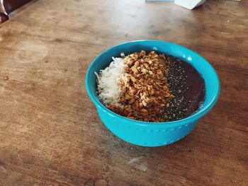 High angle view of breakfast served on table