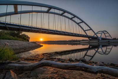 Bridge over river against sky during sunset