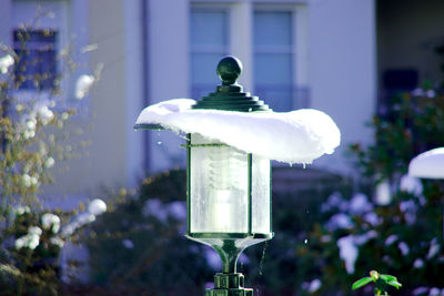 Close-up of snow covered street light