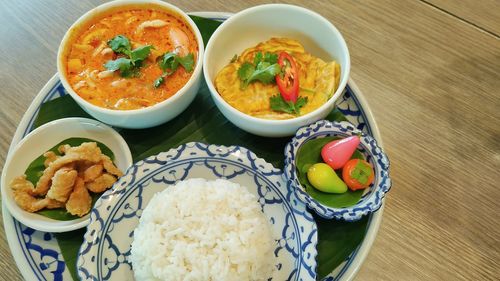 High angle view of meal served on table