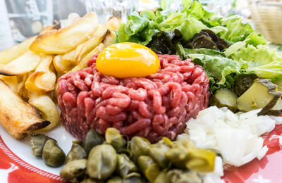 Close-up of steak tartare in plate