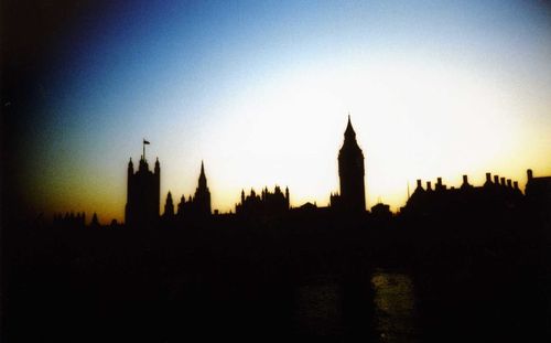 Silhouette of buildings at sunset