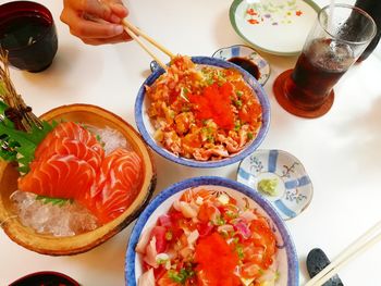 High angle view of meal served on table