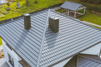 High angle view of modern building by railing