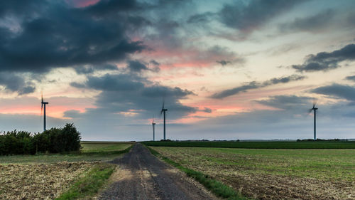 Road by field against sky during sunset