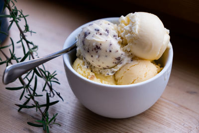 Close-up of ice cream in bowl on table