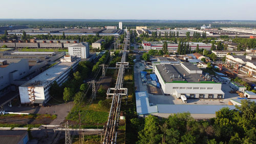 Industrial zone. aerial top view of the large logistics park with factories, plants, thermoelectric 