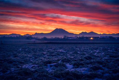 Scenic view of field against sky during sunset