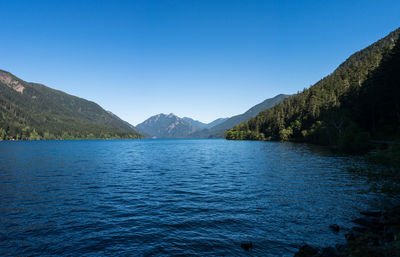 Scenic view of lake and mountains against clear blue sky