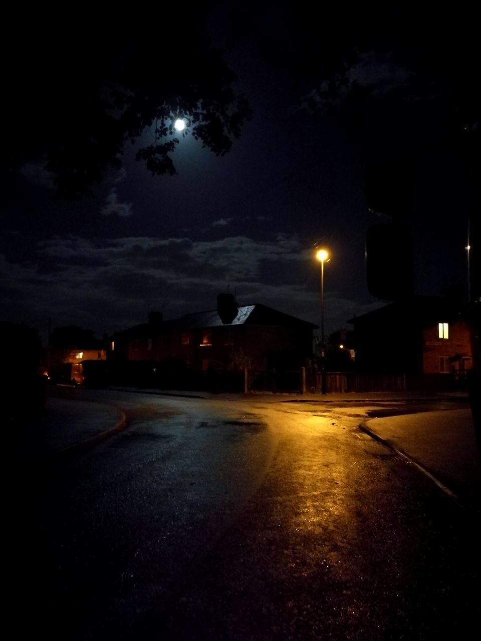 illuminated, night, road, moon, street, dark, building exterior, architecture, sky, empty road, glowing, outdoors, the way forward, cloud - sky, tranquil scene, no people, long