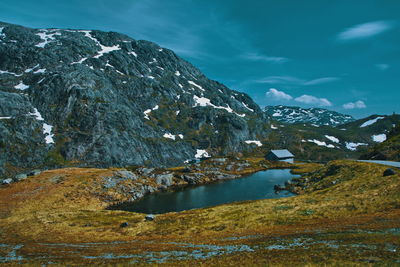 Scenic view of lake by mountains against sky