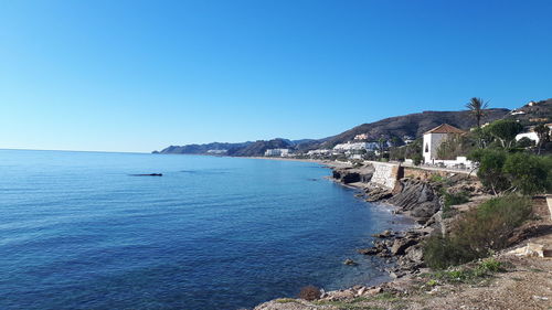 Scenic view of sea against clear blue sky