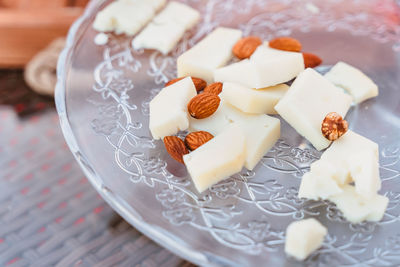 High angle view of breakfast served on table