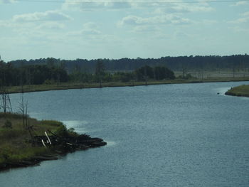 Scenic view of lake in forest against sky