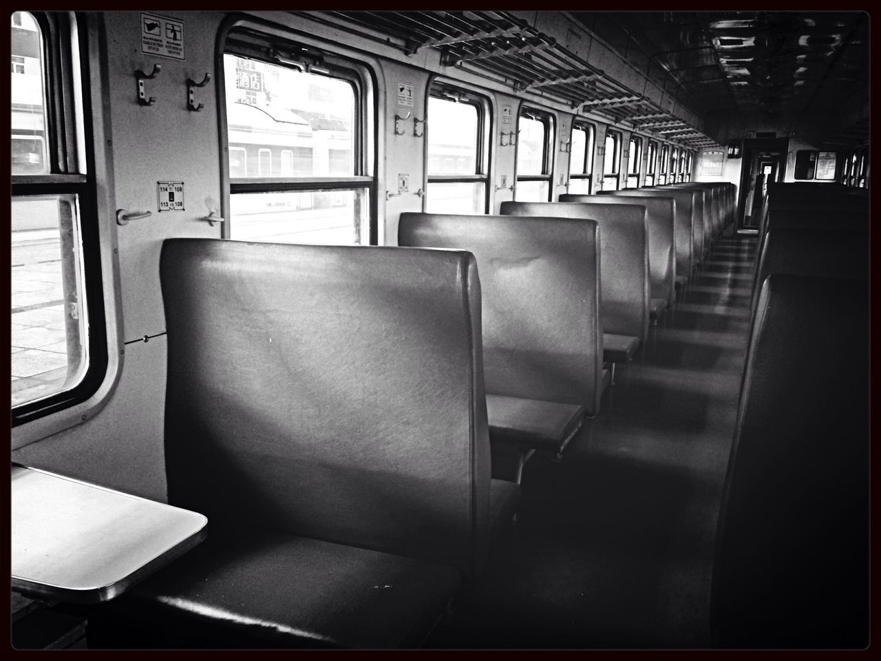 indoors, empty, public transportation, absence, seat, vehicle seat, transportation, vehicle interior, train - vehicle, window, chair, interior, rail transportation, railroad station, passenger train, no people, train, railroad station platform, mode of transport, transfer print