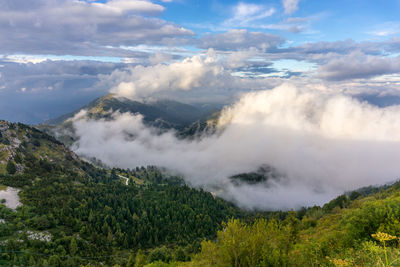 High angle view of mountains against cloudy sky