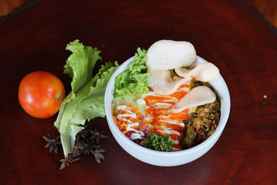 High angle view of vegetables in bowl on table