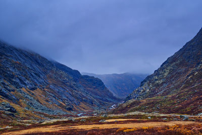 Heading down sognefjellsvege on an overcast day in fall .