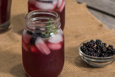 Close-up of drink in glass jar on table