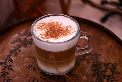 High angle view of cappuccino on table