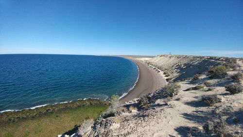 Scenic view of sea against clear blue sky