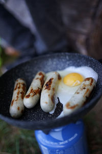 High angle view of food on barbecue