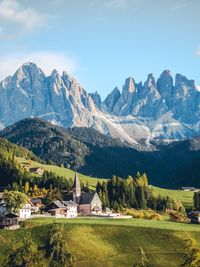 Landscape of mountains with a church