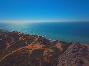 Scenic view of sea against clear blue sky