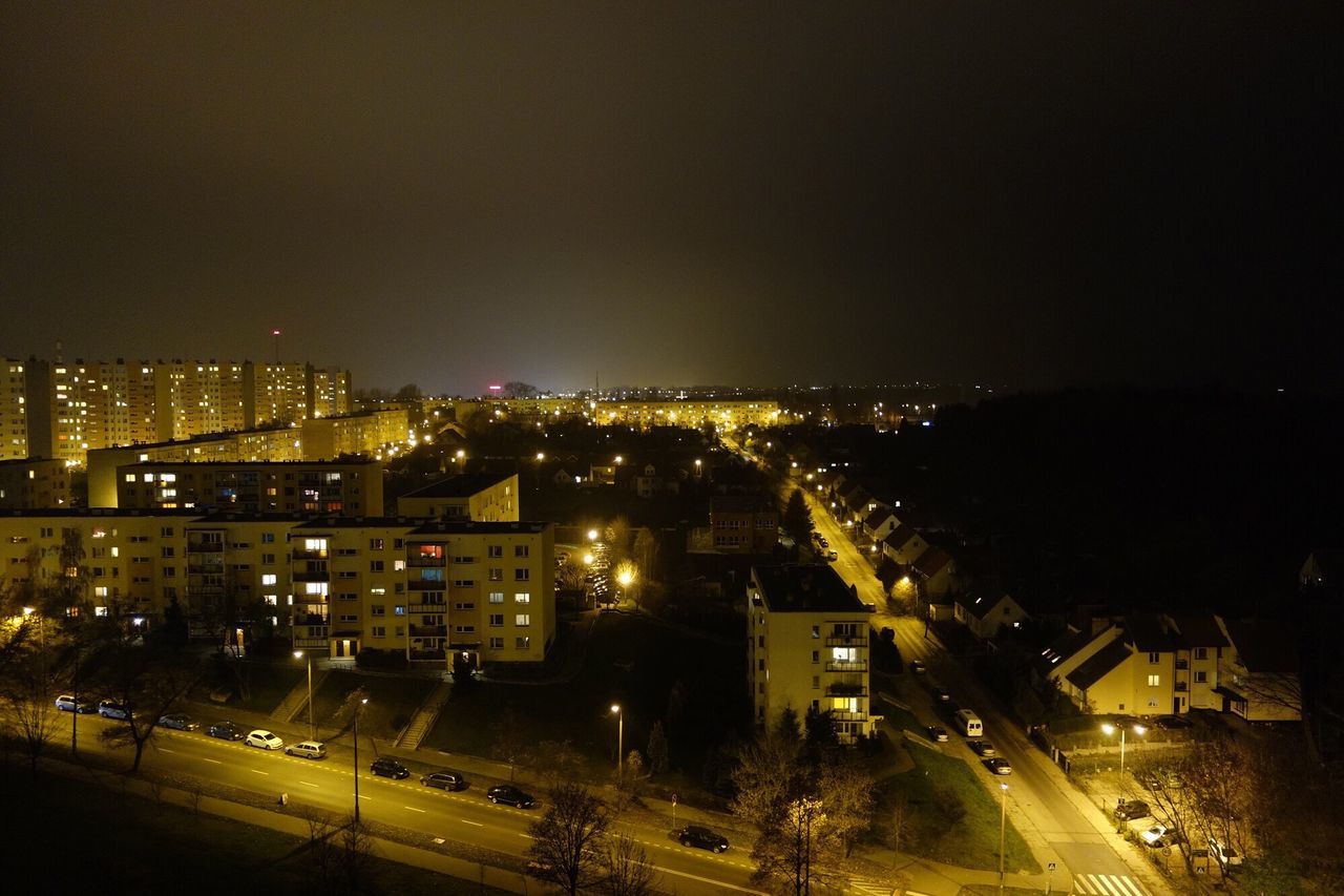 night, illuminated, building exterior, city, cityscape, architecture, sky, high angle view, transportation, no people, outdoors, built structure, city life, road