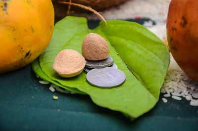 High angle view of fruits and leaves on table