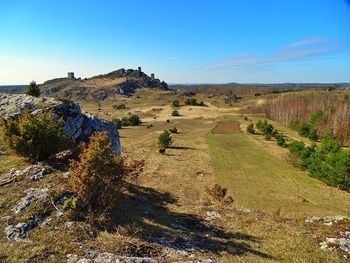 Scenic view of landscape against clear blue sky