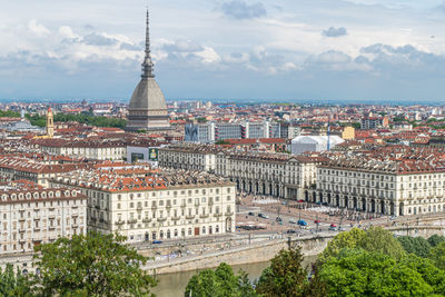  aerial view of the skyline of turin with the mole antonelliana