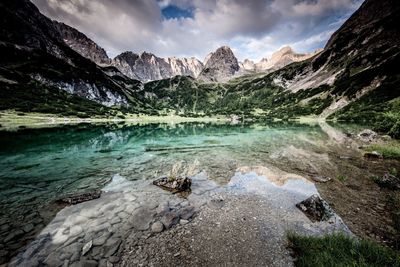 Scenic view of lake against cloudy sky