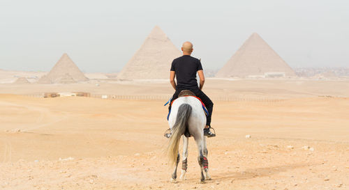 Rear view of man riding horse at desert