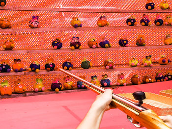 Cropped image of person shooting at stuffed toys with carnival