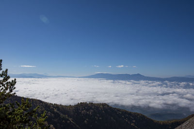 Scenic view of sea and mountains against clear blue sky