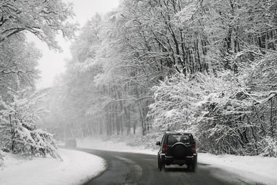 Car on snow covered road in forest during winter