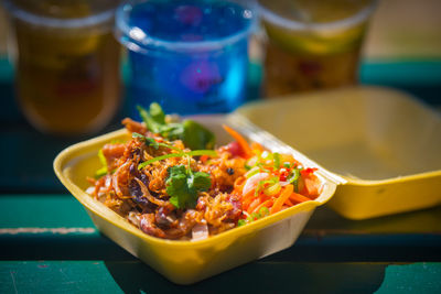 Close-up of noodles in bowl on table