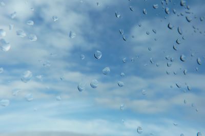 Low angle view of raindrops on window