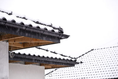 Low angle view of icicles on roof against sky