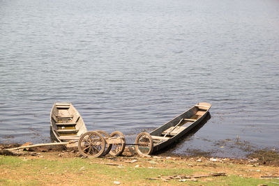 Abandoned boat at lakeshore