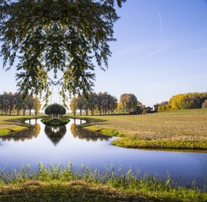 Scenic view of lake by trees against sky