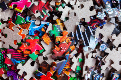 High angle view of multi colored toys