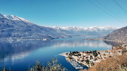 Panoramic view of lake and mountains against clear blue sky