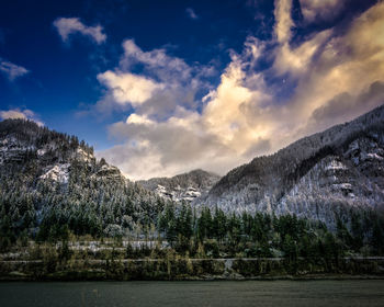 Scenic view of mountains and lake against cloudy sky