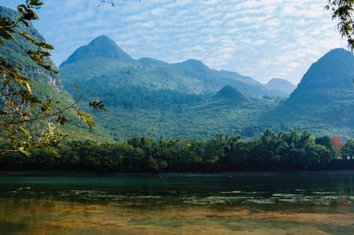 Scenic view of lake and mountains against sky