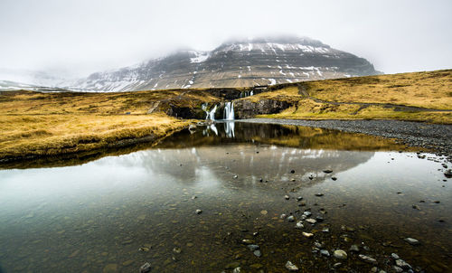 Scenic view of lake by mountains against sky