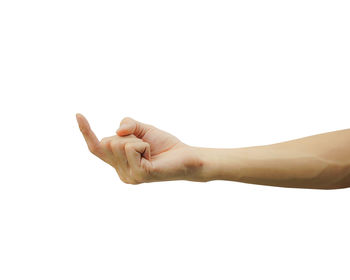 Midsection of person hand against white background