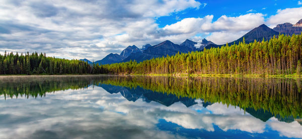 Scenic view of lake and mountains against sky