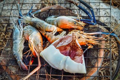 High angle view of fish on barbecue